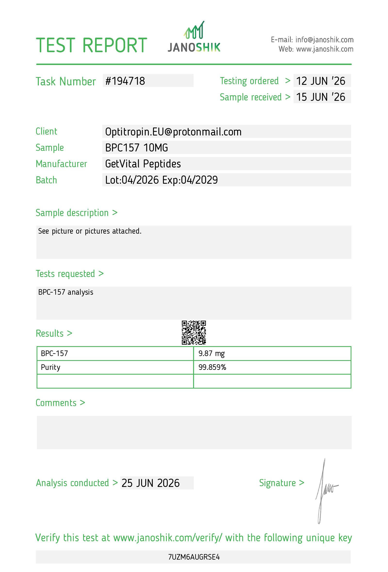 BPC-157 10 mg labtest – 99,859% zuiverheid – Get Vital Peptides