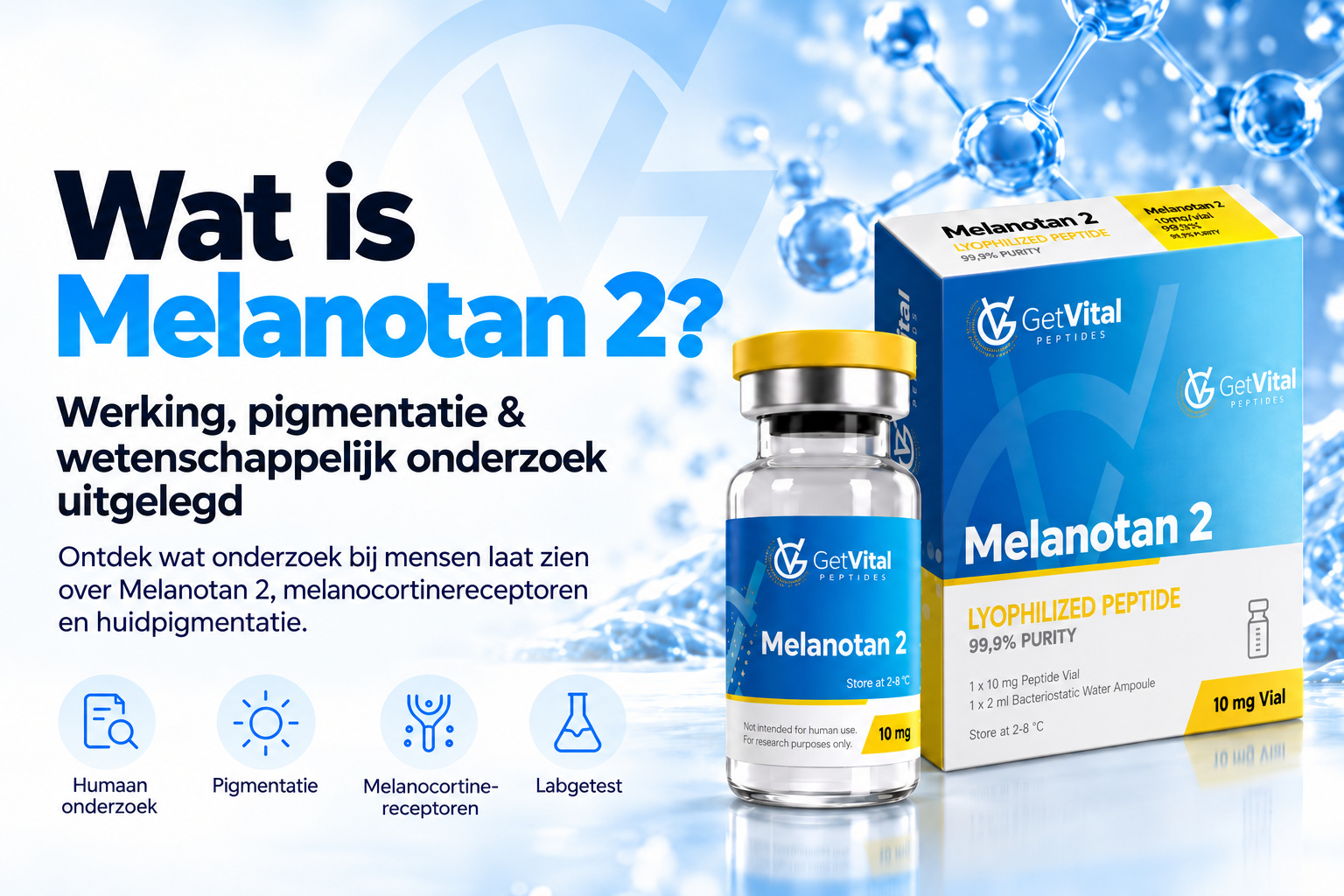 Wat is Melanotan 2? Get Vital peptide met flacon en verpakking – werking, huidpigmentatie, melanocortinereceptoren en wetenschappelijk onderzoek.